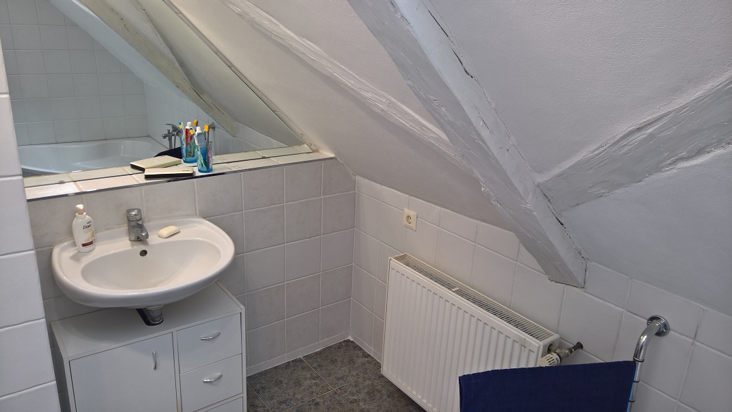 Koupelna v podkroví je vybavena umyvadlem, vanou, toaletou a pračkou